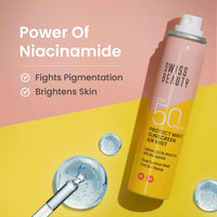 Swiss Beauty Protect Maxx Sunscreen Air Mist | SPF 50 PA+++ | With Niacinamide | UVA+UVB Protection | Even Over Makeup | For Face & Body | 80ml