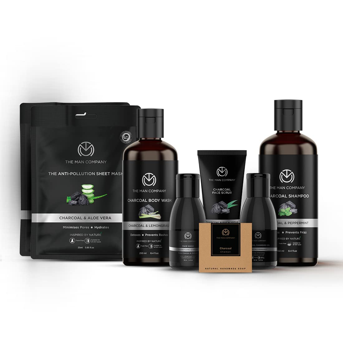 The Man Company Ultimate Charcoal Detan Kit With Elegant Gift Box | Charcoal Body Wash, Shampoo, Face Scrub, Face Wash, Soap, Sheet Mask*2, Cleansing Gel, | Gift Set For Him