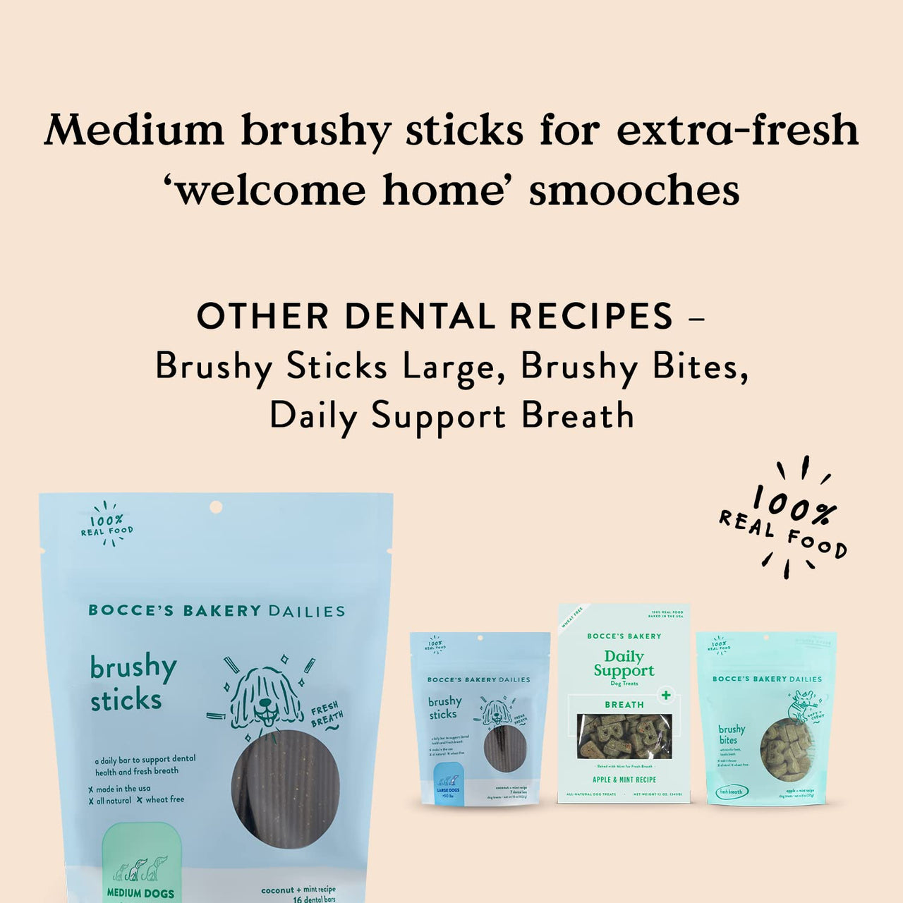 Bocce's  Bakery Dailies Brushy Sticks to Support Oral Health & Fresh Breath, Wheat-Free Dental Bars for Dogs, Made with Real Ingredients, Baked in The USA, All-Natural Coconut & Mint, Medium Dogs