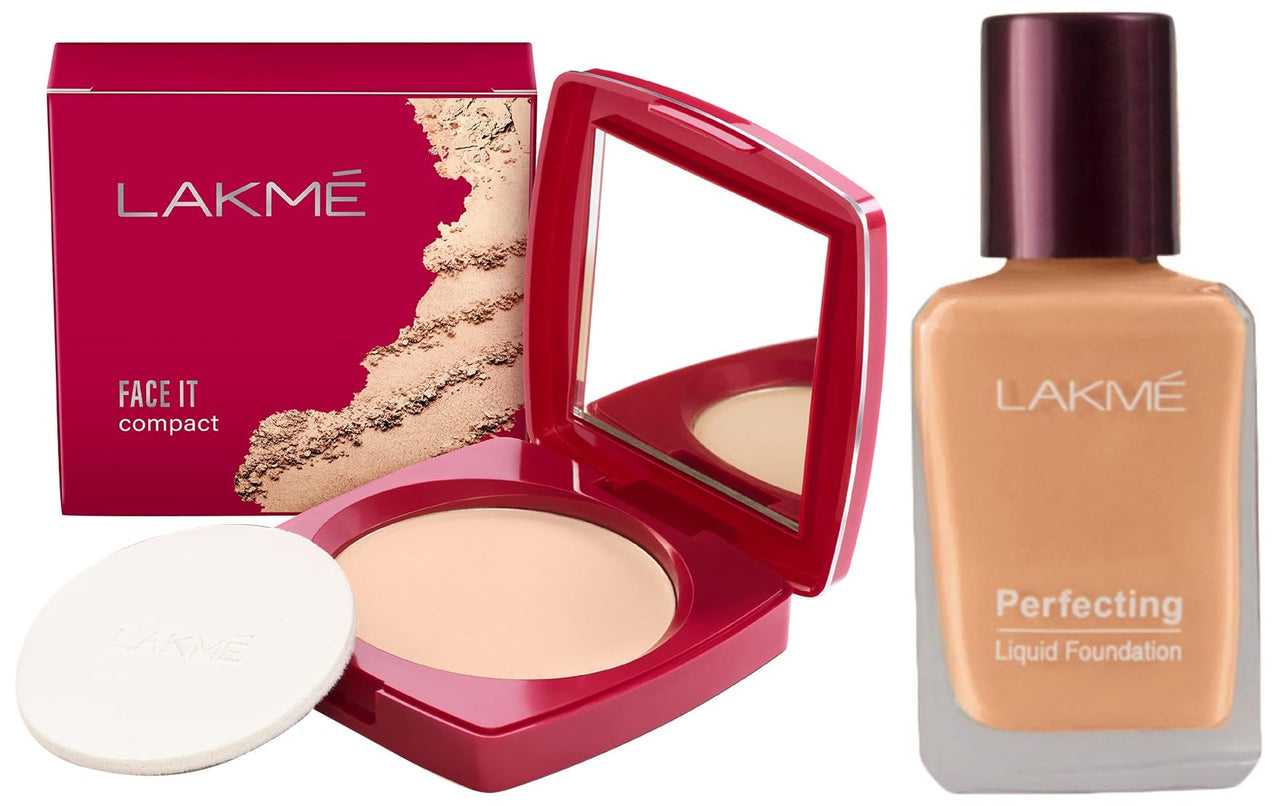 Lakmé Face It Compact, Coral, 9 g & Lakmé Perfecting Liquid Foundation, Shell, Long Lasting, Waterproof, Full Coverage, Lightweight Foundation For Oil Free & Dewy Skin, 27ml