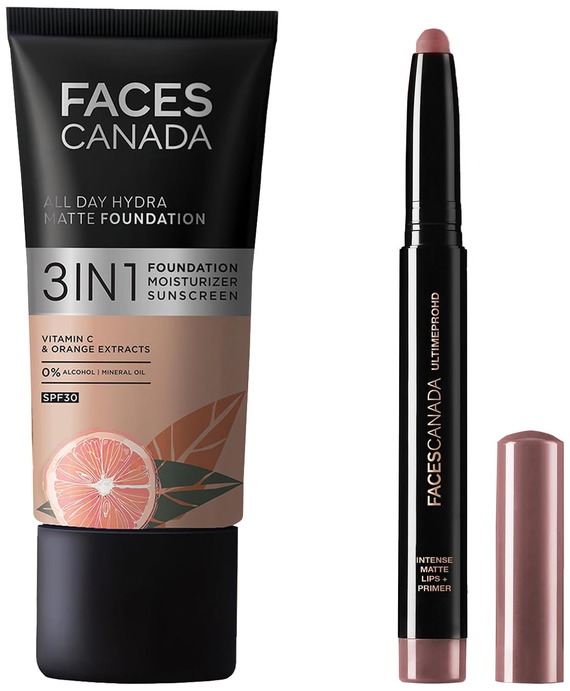 FACES CANADA Ultime Pro HD Intense Matte Lipstick + Primer - Russet (Brown) & FACESCANADA All Day Hydra Matte Foundation