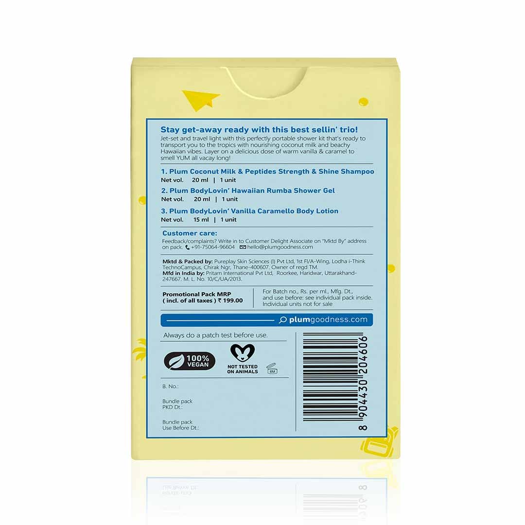 Plum Unisex Head To Toe Travel Kit | Hawaiian Rumba Shower Gel | Coconut Milk & Peptides Shampoo | Vanilla Caramello Body Lotion | Travel Friendly Personal Care Set