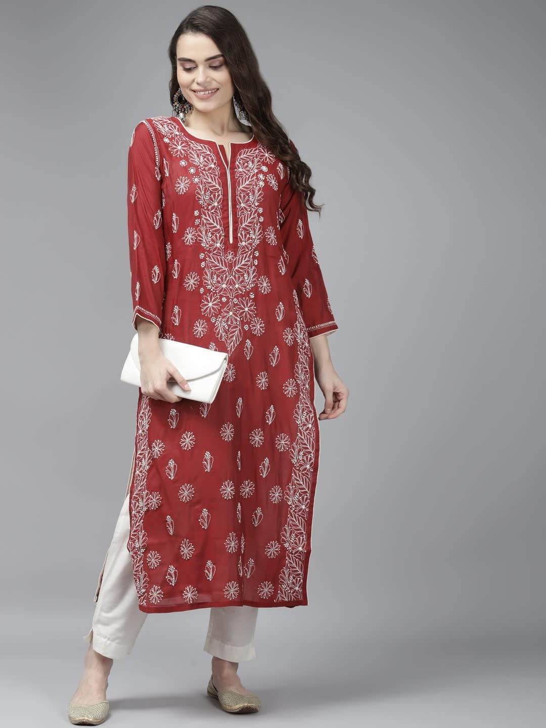 Ada Hand Embroidered New Lucknowi Chikankari Chanderi Kurta Kurti for Women A411175