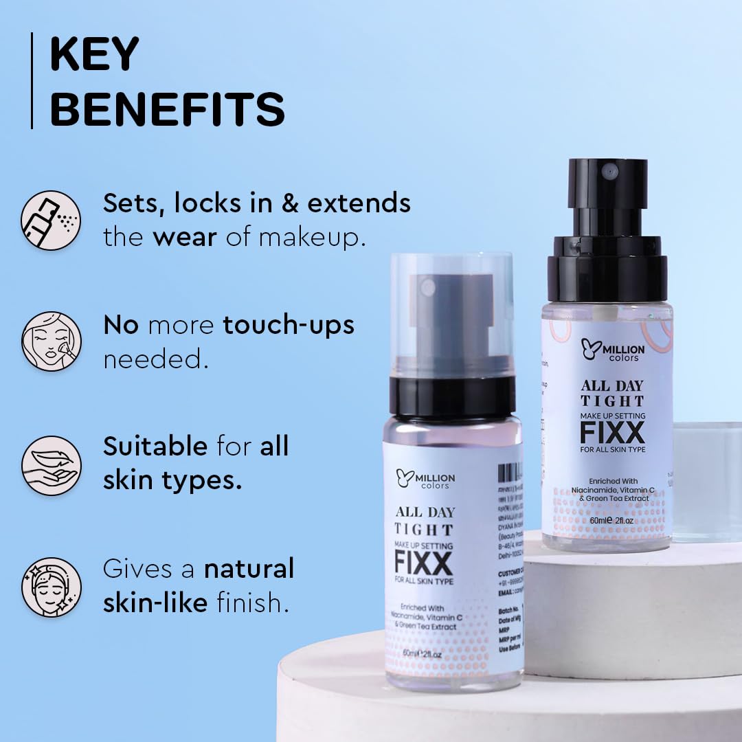 Million Colors Makeup Fixer Spray 60ml | Dewy Setting Spray for Long-Lasting Makeup | Ideal for Dry & Oily Skin | Hydrating, Soothing & Refreshing | Waterproof, Sweatproof & Matte Finish