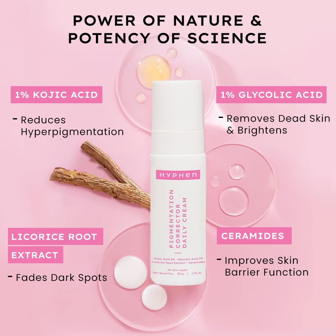 Hyphen Pigmentation Corrector Daily Cream With 2% Kojic Acid | Moisturizes & Treats Pigmentation | Reduces Dark Spots & Blemishes | Brightens Skin | Lightweight & Fragrance Free | For Women & Men -50g