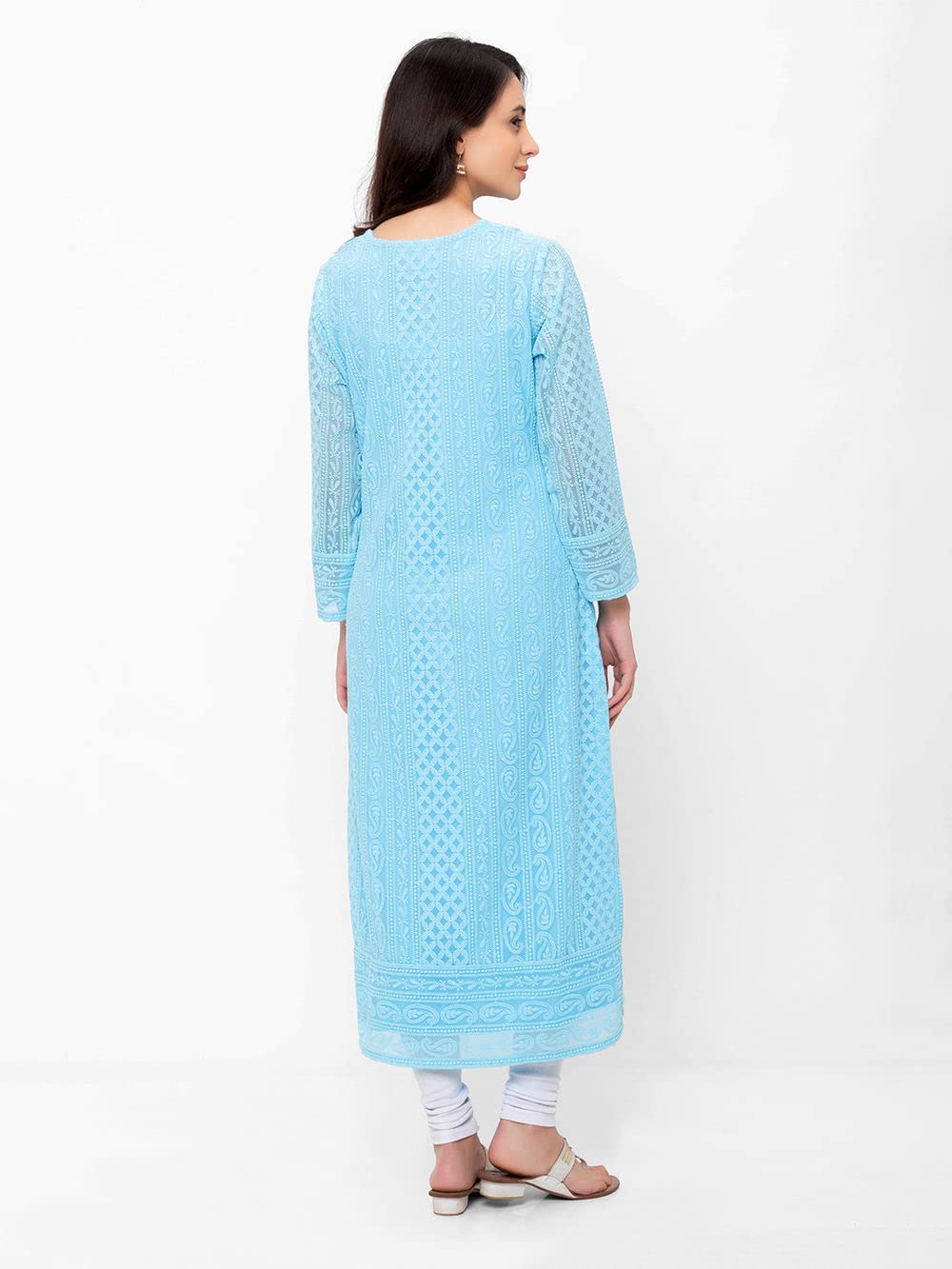 ZOLA Exclusive Georgette Round Neck with Full Sleeves and Calf Length Luckhnowi Chikan Kari Kurta with Button Placket on Yolk Ethnic Wear Straight Kurta for Women Pack of 1