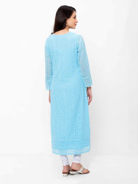 ZOLA Exclusive Georgette Round Neck with Full Sleeves and Calf Length Luckhnowi Chikan Kari Kurta with Button Placket on Yolk Ethnic Wear Straight Kurta for Women Pack of 1