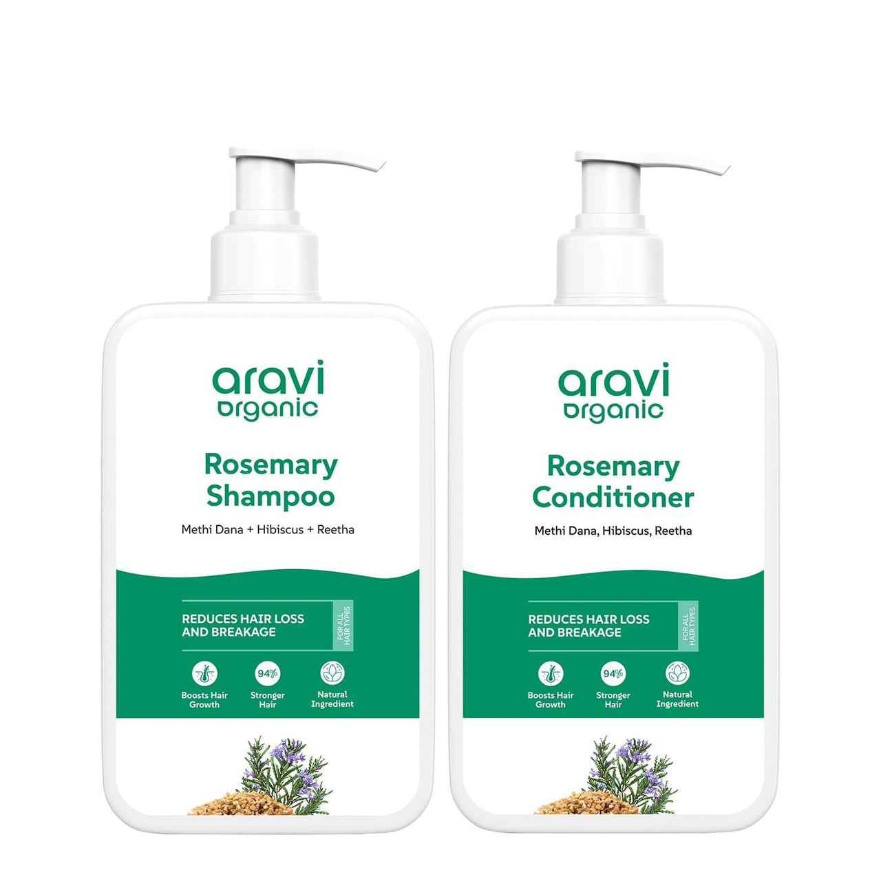 Aravi Organic Anti-Hairfall & Hair Growth Solution | Rosemary Shampoo & Conditioner Combo | Sulphate-Free Formula with DHT Blocker for Stronger, Healthier| For Men & Women | 200ml Each