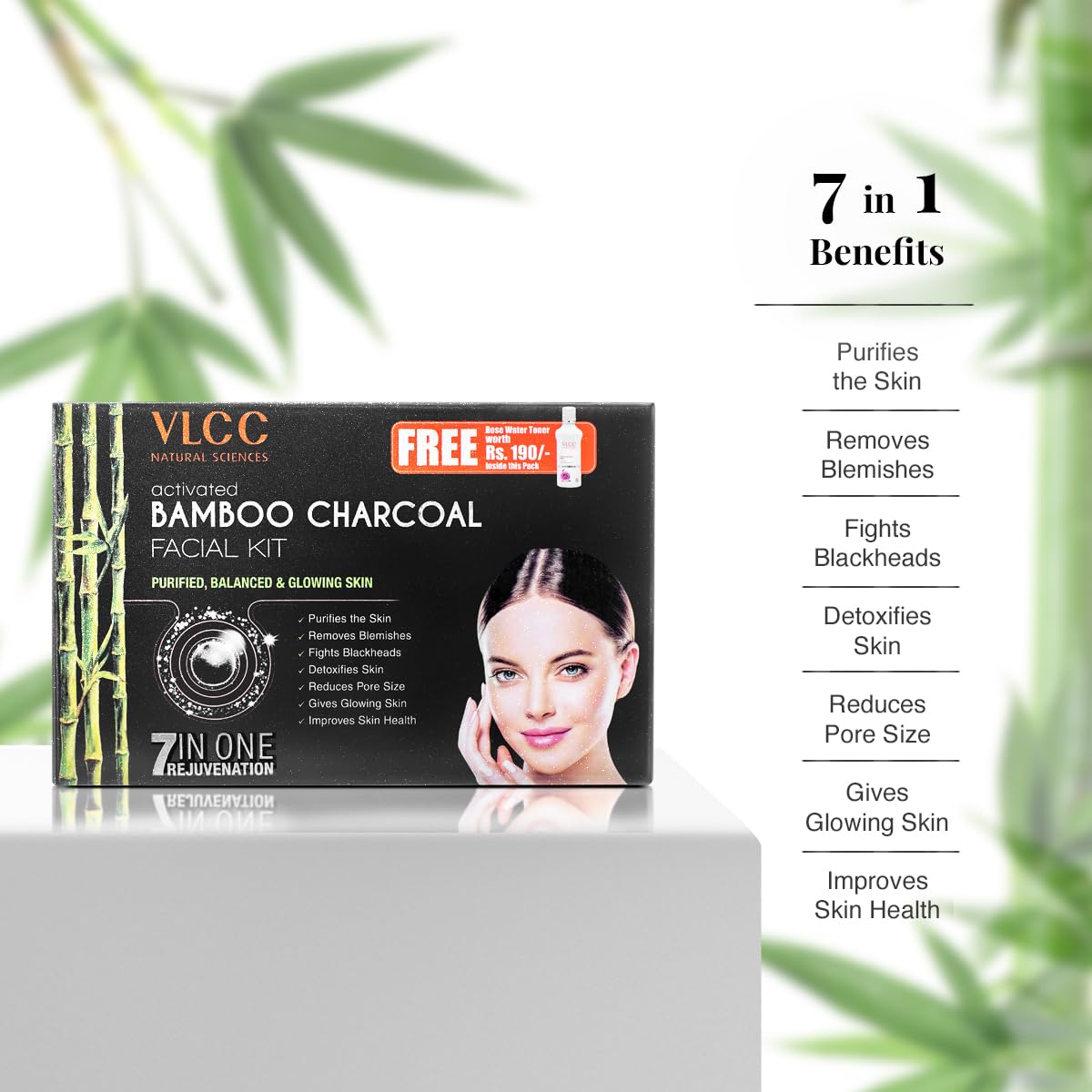 VLCC Activated Bamboo Charcoal Facial Kit with FREE Rose Water Toner - 300g + 100ml | Anti-Blemish Skin Purifying | At Home Facial Kit | Anti-Acne Facial with Activated Bamboo Charcoal