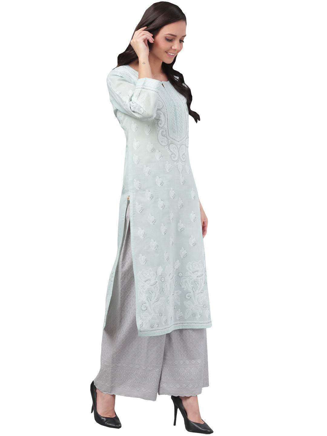 Ada Hand Embroidered Lucknowi Chikankari Straight Cotton Kurti Kurta for Women A220999 White 2XL