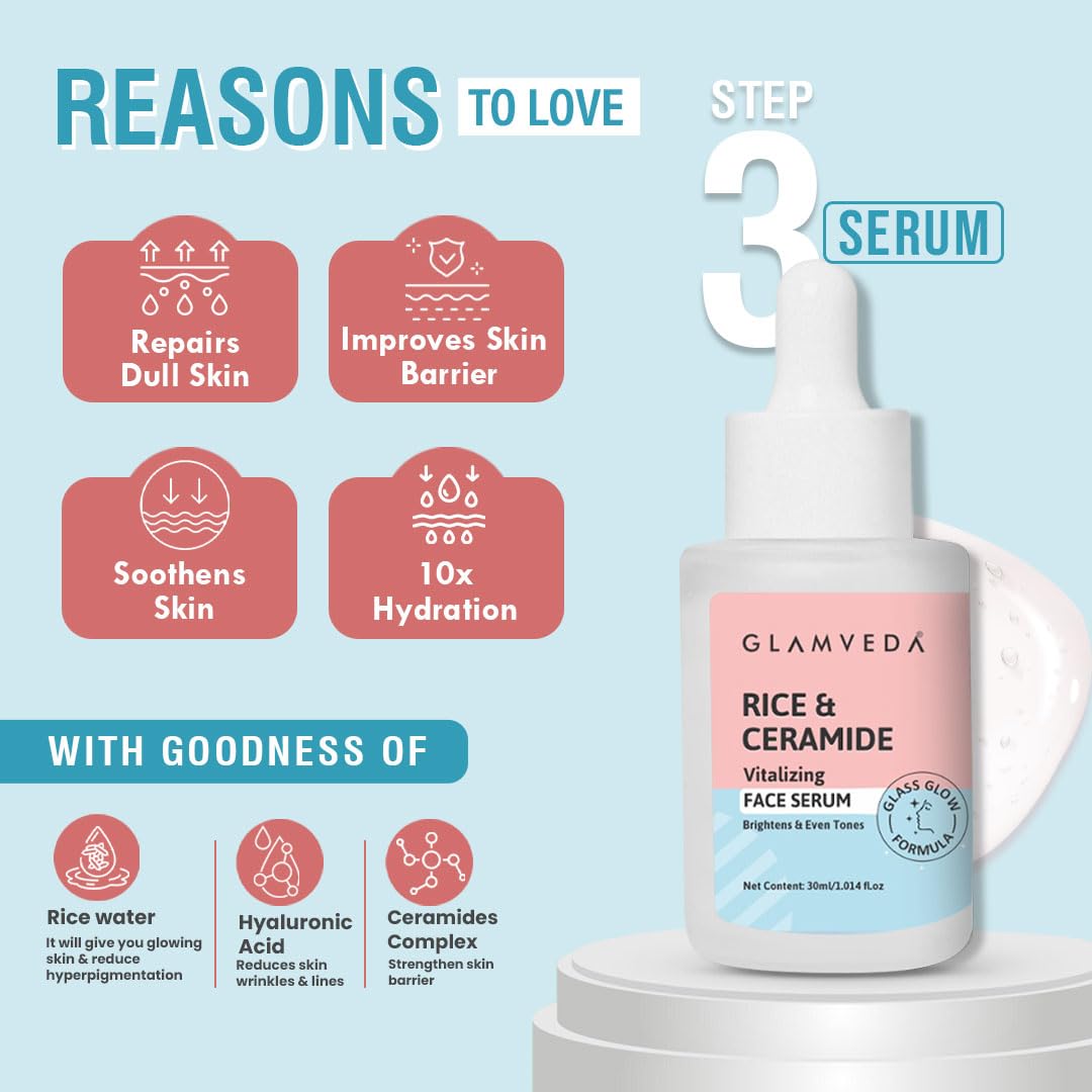 Glamveda Korean Rice & Ceramide 6 Step Daily Skincare Routine For Women with Gift Box | Face wash, Toner, Serum, Under eye cream, Moisturizer & Sunscreen