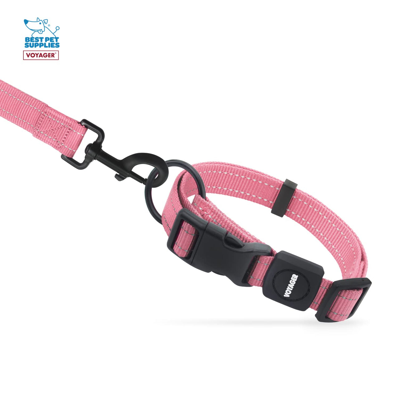 Voyager Reflective Dog Leash Collar Set with Neoprene Handle Supports Small, Medium, and Large Breed Puppies, Cute and Heavy Duty for Walking, Running, and Training - Pink, L Leash Collar Set (Pink) Leash Collar Set (1")