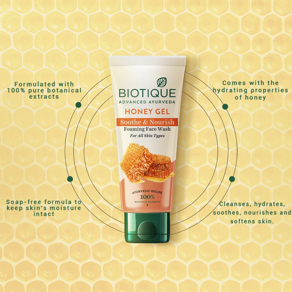 Biotique Honey Gel Soothe & Nourish Foaming Face wash | Soap Free Formula | Reduce Dryness | 100% Botanical Extracts | Suitable for All Skin Types | 100ml (Pack of 2)