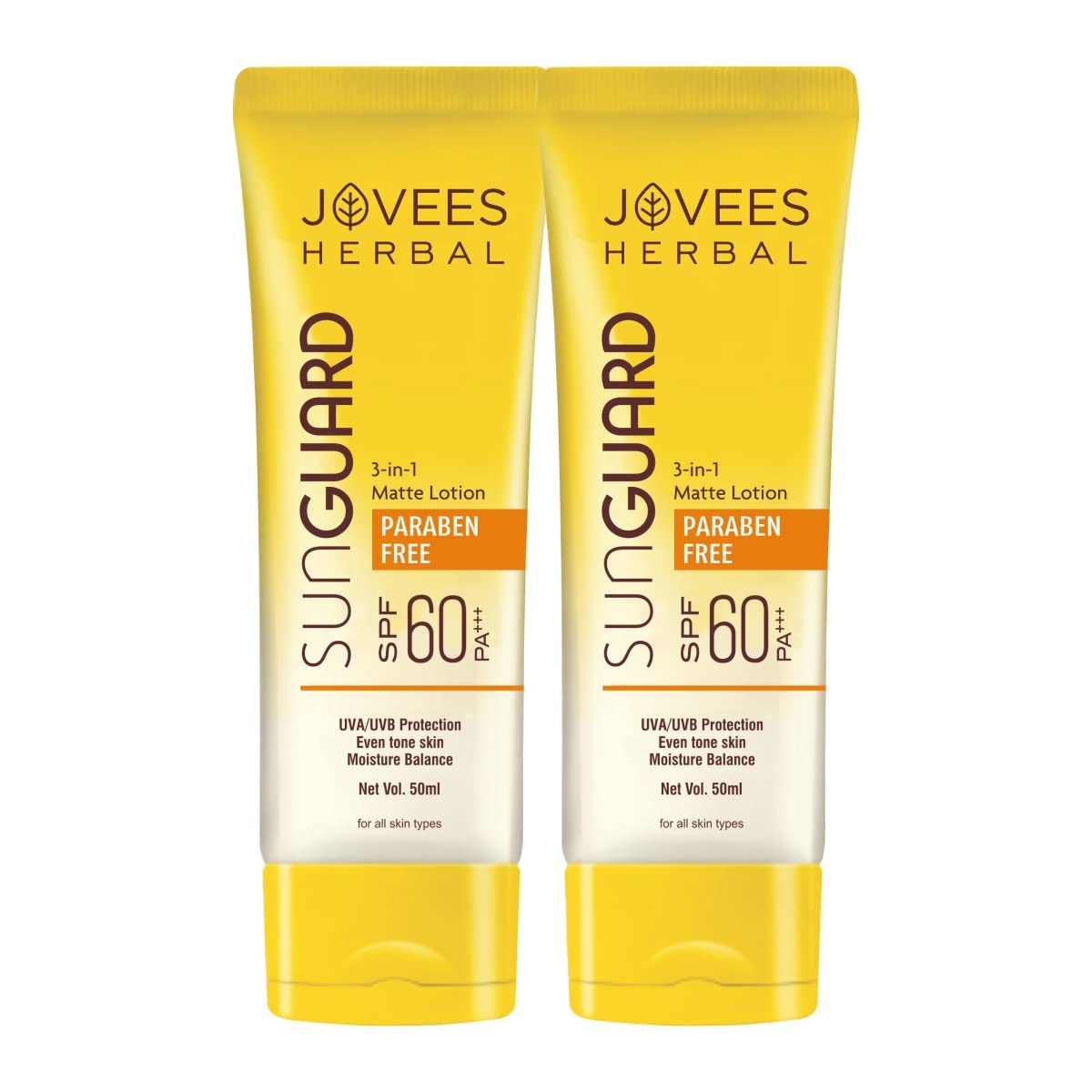 Jovees Herbal Sun Guard Lotion SPF 60 Pa+++ Broad Spectrum For All Skin | 3 in 1 Matte Lotion UVA/UVB Protection, Moisture Balance, Even Tone Skin For Women/Men 50ml (Pack of 2)