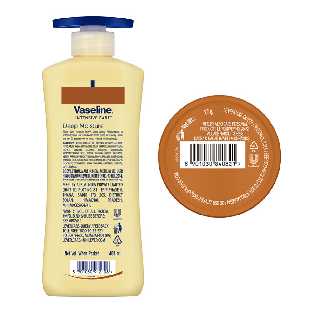 Vaseline Deep Moisture Lotion, 400ml with Vaseline Cocoa Lip Tin, 17g for Moisturized Skin & Healthy Lips