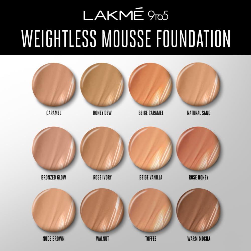 Lakmé 9 To 5 Weightless Mousse Foundation, Rose Honey (25g) | natural Matte Finish Foundation Cream | Lakmé Mousse Long Lasting Foundation