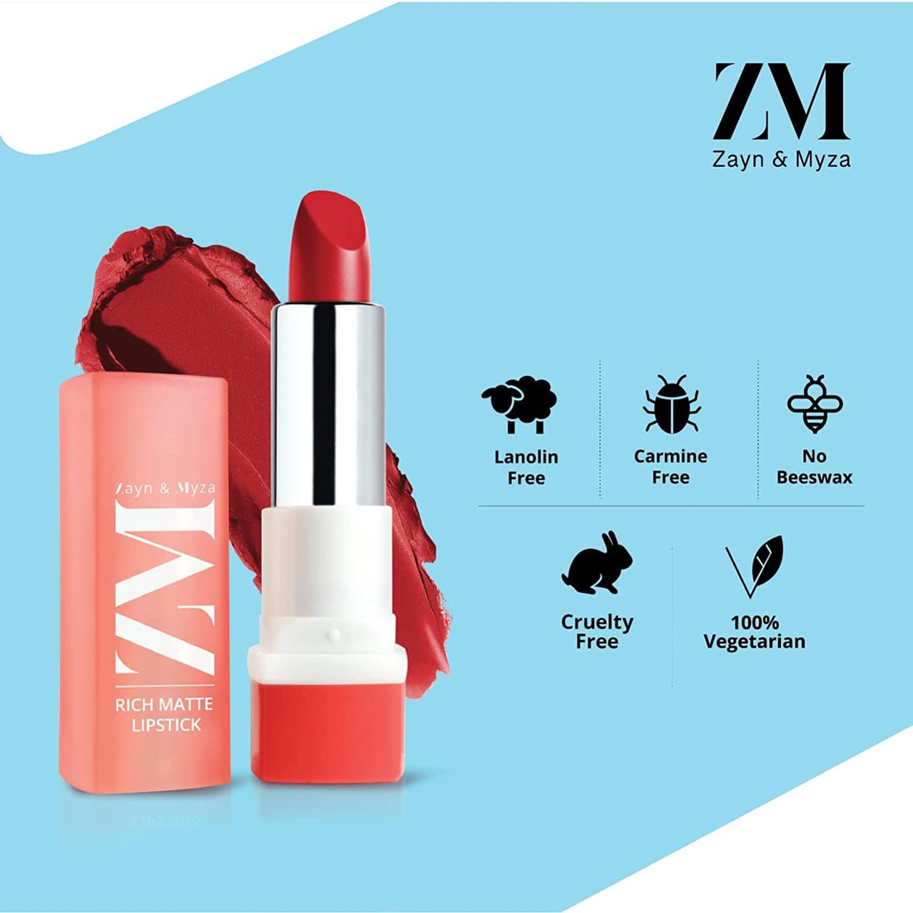 ZM Zayn & Myza Rich Matte Lipstick | Smooth and Light Weight | Intense Color in one Swipe | High Pigmentation Bullet Lip Stick Enriched with Argan oil, Murumuru and Shea Butter (4.2 gm, Savage)