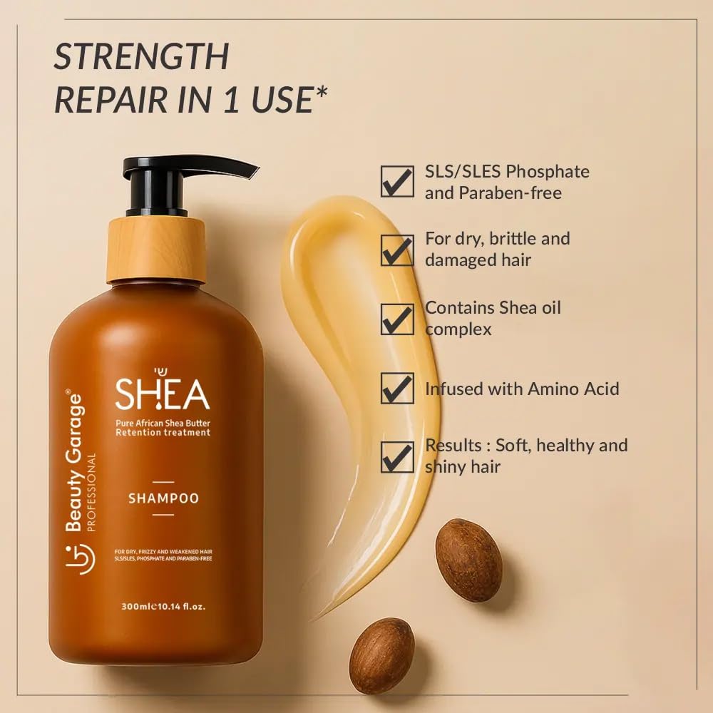 Beauty Garage African Shea Butter Shampoo | 300ml Sulphate Free Shampoo with Argan & Macadamia Oil | Smooth Shield Retention | For Dry & Frizzy Hair