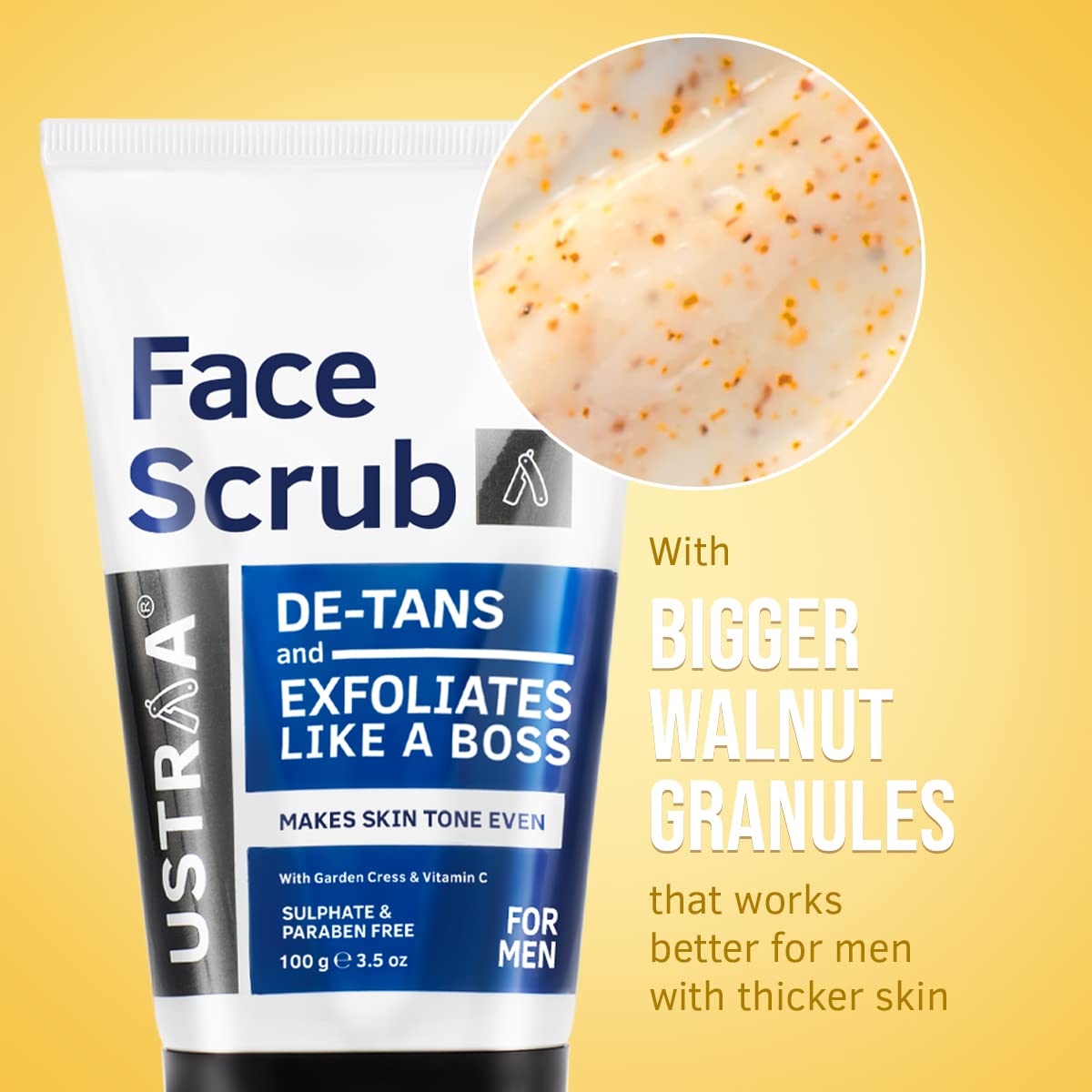 Ustraa De-Tan Face Scrub for Men, 100g | Exfoliation & Effective Tan Removal | with Bigger Walnut Granules | No SLS & Face Wash Acne Control - With Neem & Charcoal - 200g - Oil control, Prevents Acne