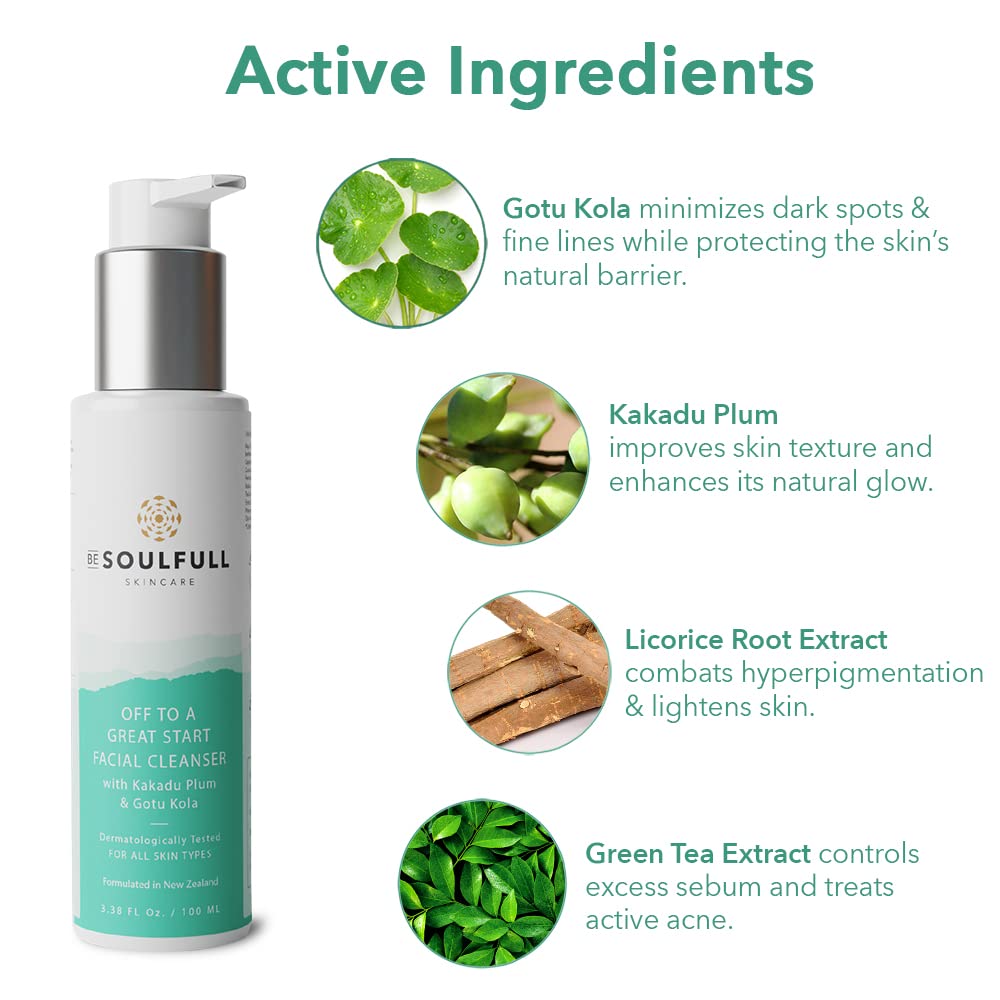 BE SOULFULL Facial Cleanser with Kakadu Plum & Gotu Kola Cleansing Gel, Soap-Free Daily Face Wash For Gentle Cleansing With Licorice Root, Remove Impurities, Moisturizes & Improves Skin Texture, 100ml
