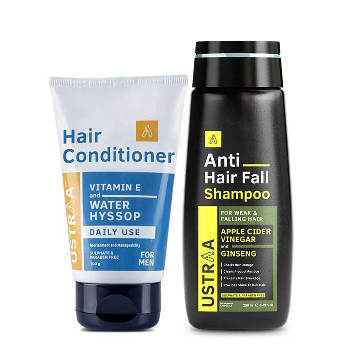Ustraa Anti Hair Fall Shampoo - 250ml - With Apple Cider Vinegar | Prevents Hairfall | No SLS & Daily Use Hair Conditioner - 100gm | with Water Hyssop (Brahmi) & Vitamin E | For All Scalp Types