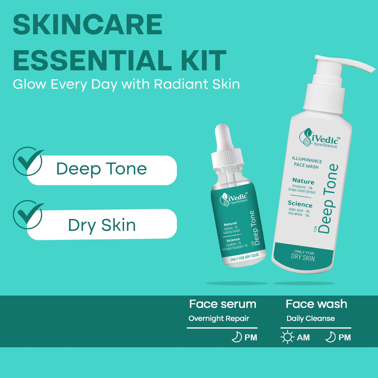 iVedic AyurScience Skin Brightening Serum for Women and Men (1% Hydrogen Aquaporin, 2% Squalene & Betaine 2%) Removes Tan For Even Skin Tone - Only Suitable for Dry Skin - 30 ml