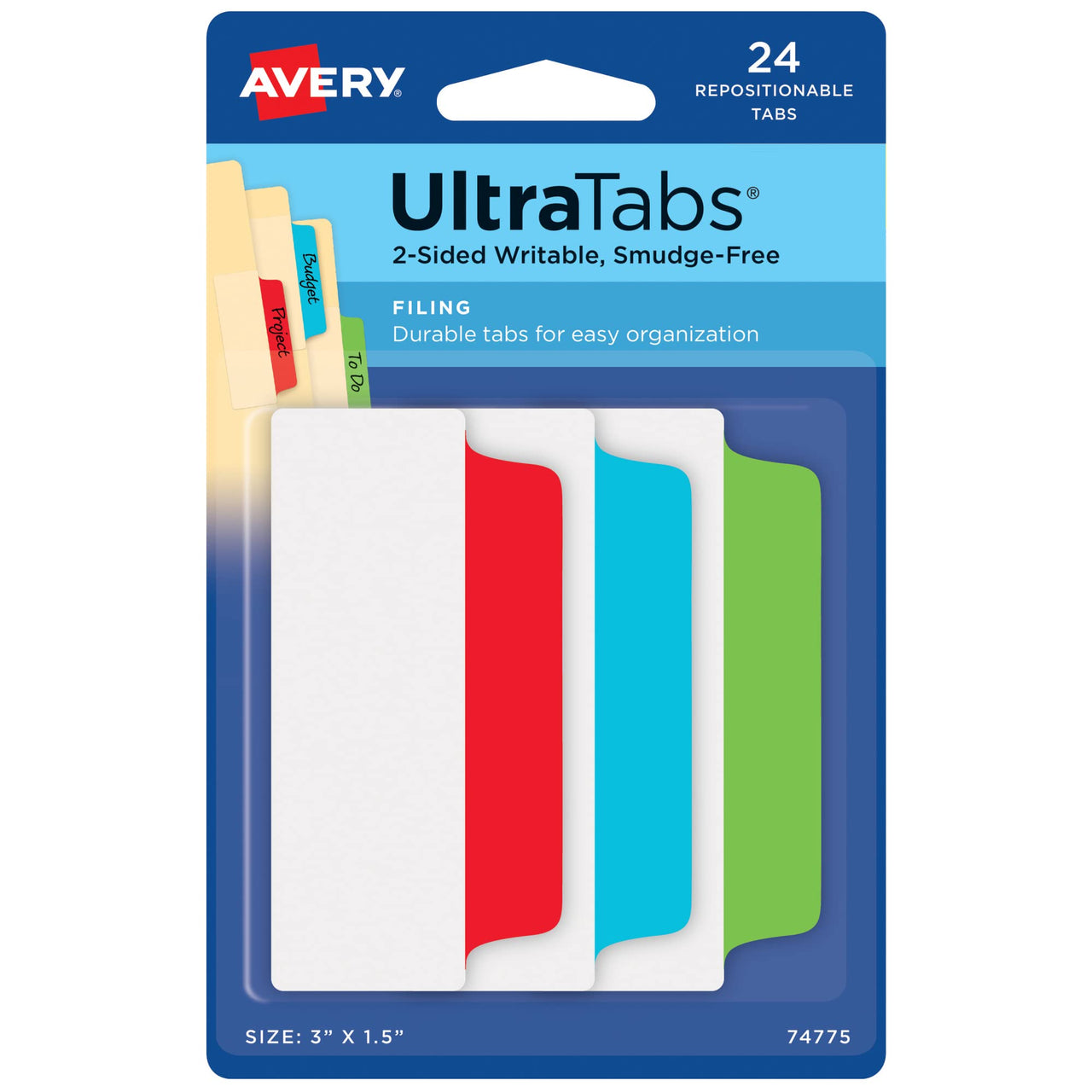 Avery Filing Ultra Tabs, 3" x 1.5", 2-Side Writable, Red/Blue/Green, 24 Repositionable File Tabs (74775) 1 pack Assorted