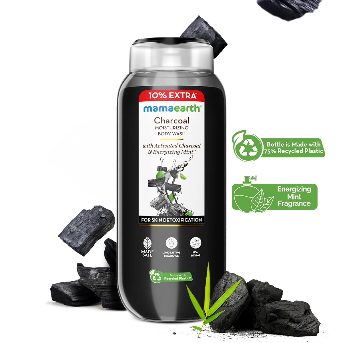 Mamaearth Charcoal Moisturizing Body Wash with Activated Charcoal & Energizing Mint Scent for Skin Detoxification- 275ml | Deeply Cleanses | Intensely Moisturizes | Long-Lasting Fragrance | All Skin Types (Pack of 2)