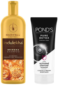 Indulekha Bringha Anti Hair Fall Shampoo, 200ml And Pond's  Pure White Anti Pollution With Activated Charcoal Facewash, 100g