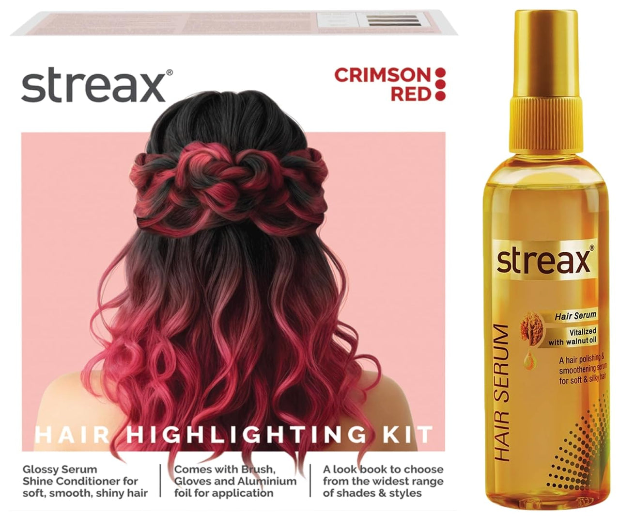 Streax Hair Serum 125ml, Vitalized with Walnut Oil, For Hair Smoothening & Shine, For Dry & Frizzy Hair Hair Colour Highlight Kit | Red Hair Colour, Crimson Red - Pack of 1