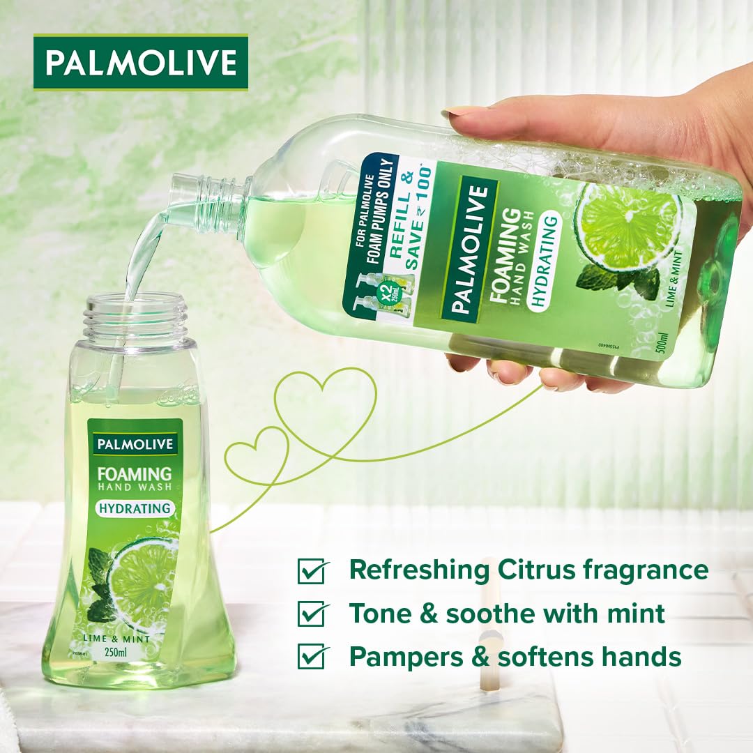 Palmolive Hydrating Foaming Lime & Mint Liquid Hand Wash, Dispenser Bottle (250ml) & Refill Bottle (500ml), Removes Germs, Refreshing Fragrance