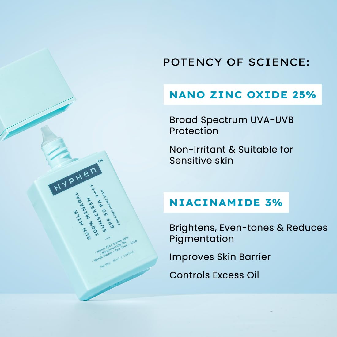 Hyphen Sun Milk 100% Mineral Sunscreen Spf 50 Pa++++ Uv+ Bluelight Protection, 25% Nano Zinc Oxide | Sensitive, Acne Prone & Oily Skin, Water Resistant Sun Protect | For Women And Men - 50 Ml