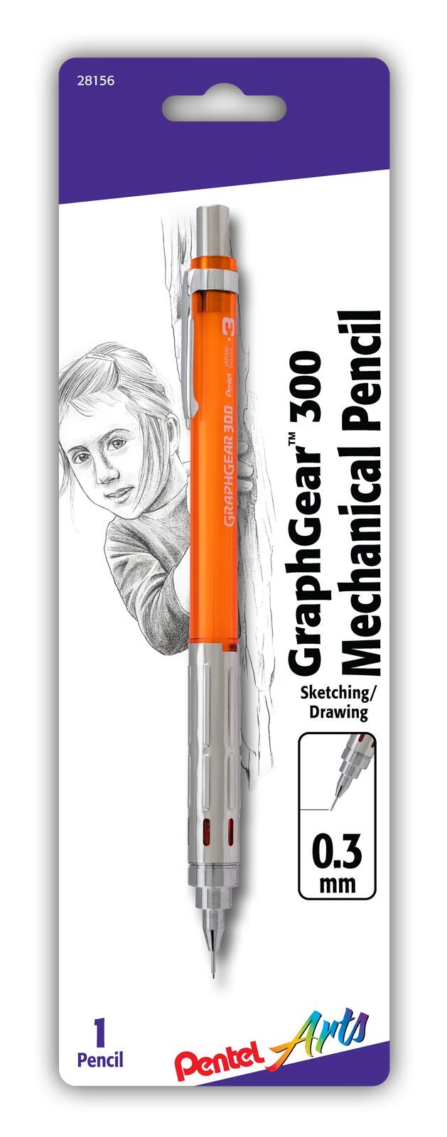 Pentel Arts GraphGear 300 Mechanical Pencil, (0.3mm) Extra-fine line, 1- Pack, Orange Barrel 0.3mm