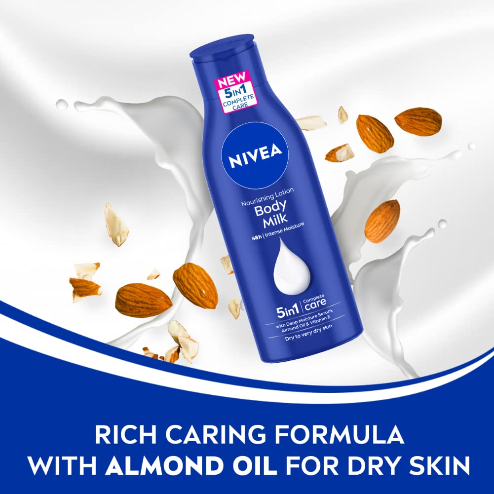 NIVEA Nourishing Body Milk 200ml Body Lotion with Deep Moisture Serum | 48 H Moisturization | With 2X Almond Oil | Smooth and Healthy Looking Skin |For Very Dry Skin