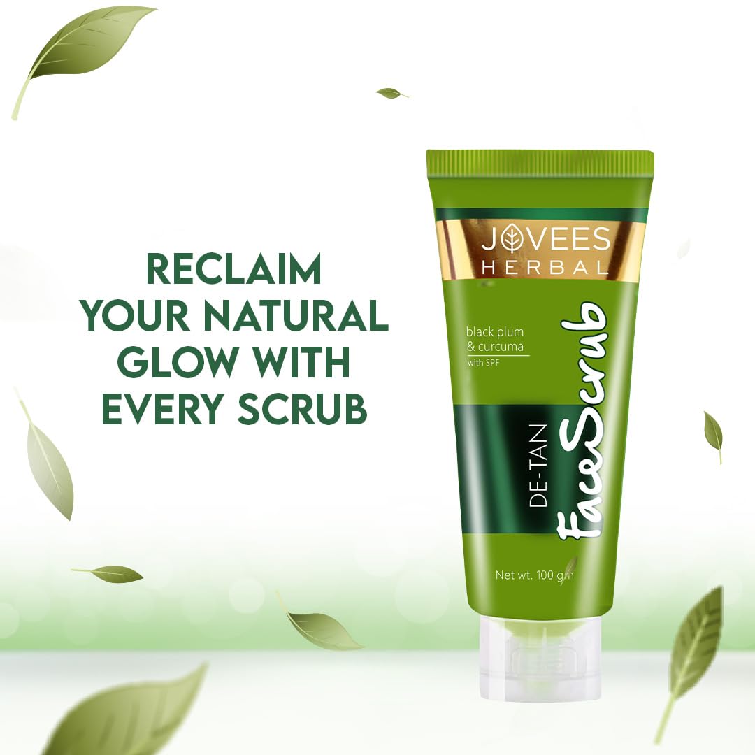 Jovees Herbal De-Tan Scrub With SPF For Brightening & Revitalizing Face Scrub | Remove Dead Skin | Gentle Exfoliation, Smooth and Clear Complexation With Turmeric & Aloe Vera | For All Skin Type- 100g