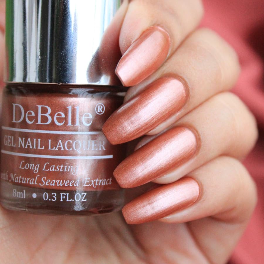 DeBelle Gel Nail Polish Roseate Gold (Metallic Rose Gold Nail Paint)|Non UV - Gel Finish |Chip Resistant | Seaweed Enriched Formula| Long Lasting|Cruelty and Toxic Free| 8ml