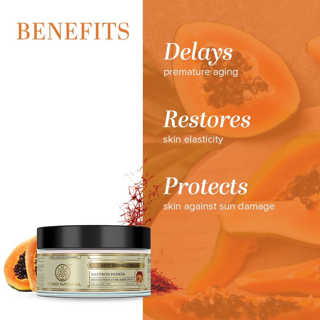 Khadi Natural Saffron and Papaya Herbal Anti Wrinkle Cream, 50g|Prevents premature aging|Skin brightening properties|Enhances natural radiance|Suitable for All Types of Skin
