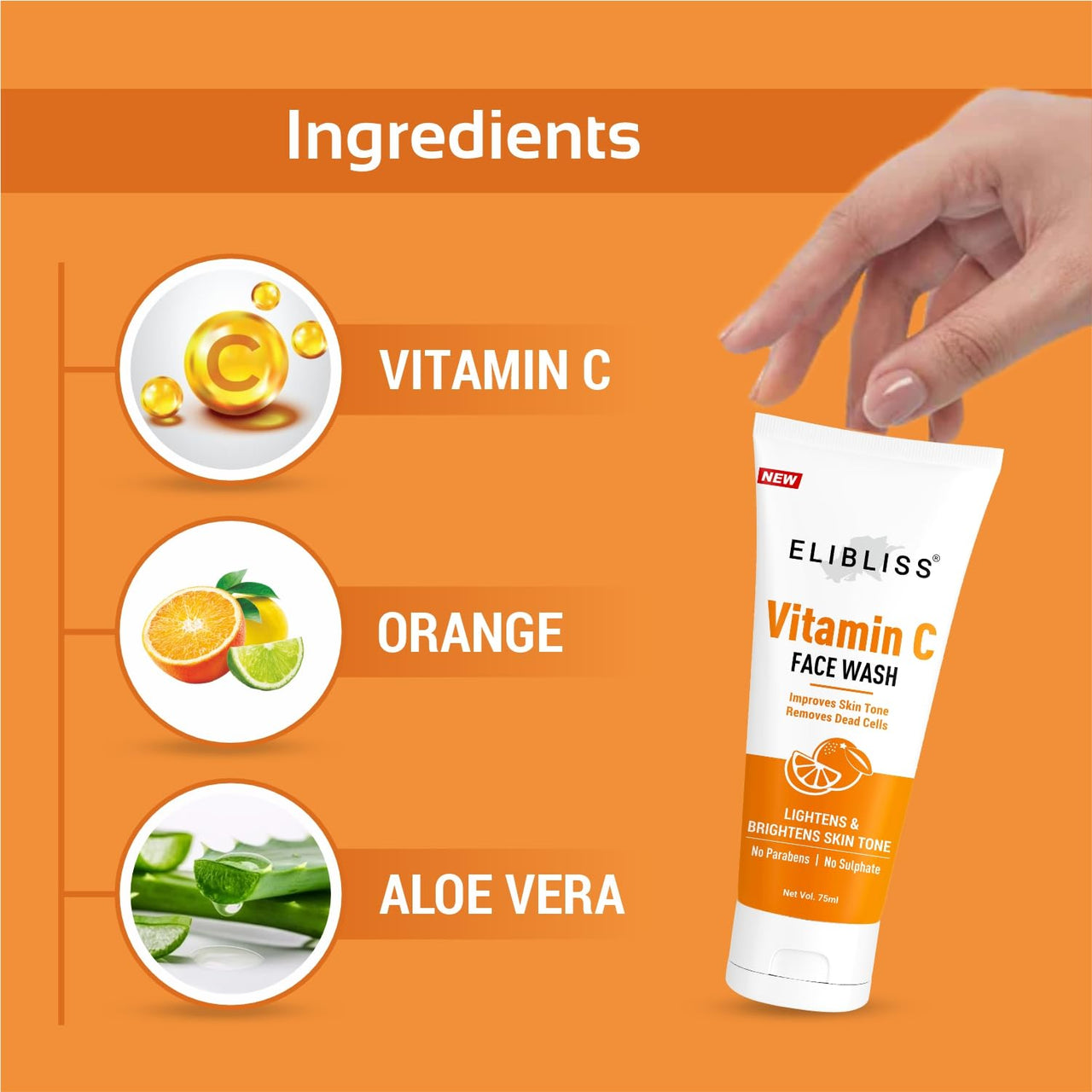 Elibliss Vitamin C Face Wash for Glowing Skin, Lightens & Brightens Skin Tone | Removes Dead Cells & Impurities | Refreshing Citrus Face Cleanser | No Paraben | No Sulphate | For All Skin Types | 75ml