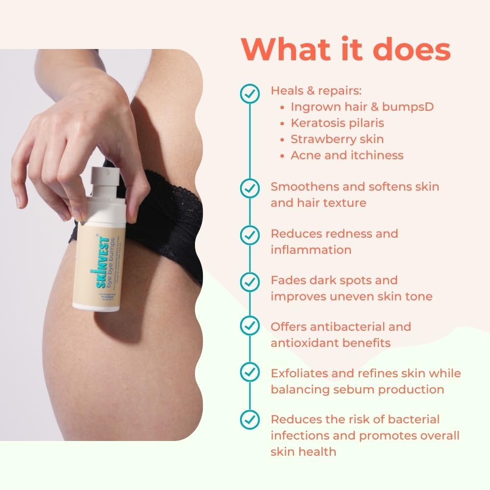 Skinvest Bye Bye Bumps Exfoliating Mist 50ml | Treats Ingrown hair, Strawberry skin, Razor bumps post waxing/shaving, Acne, Itchiness, Uneven skin texture | All Skin Types - for Men & Women | Dermatologist Tested
