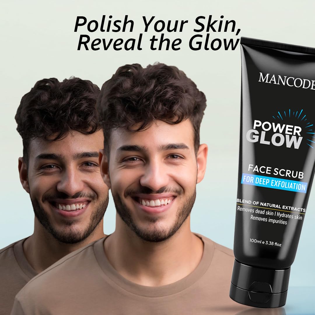 Mancode Power Glow Face Care Combo for Unusex | Face Scrub, Face Wash & Whitening Cream | Deep Cleansing, Exfoliation & Brightening | Natural Ingredients with Saffron, Turmeric, Kojic Acid & Licorice | Hydrating & Reduces Dark Spots Pack of 3