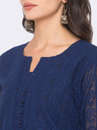 ZOLA Exclusive Georgette Round Neck with 3/4Th Sleeves and Calf Length Luckhnowi Chikan Kari Kurta with Button Placket On Yolk Ethnic Wear Straight Kurta for Women