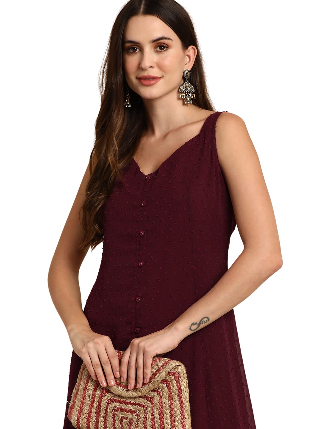 Janasya Women's  Wine Poly Chiffon Kurta