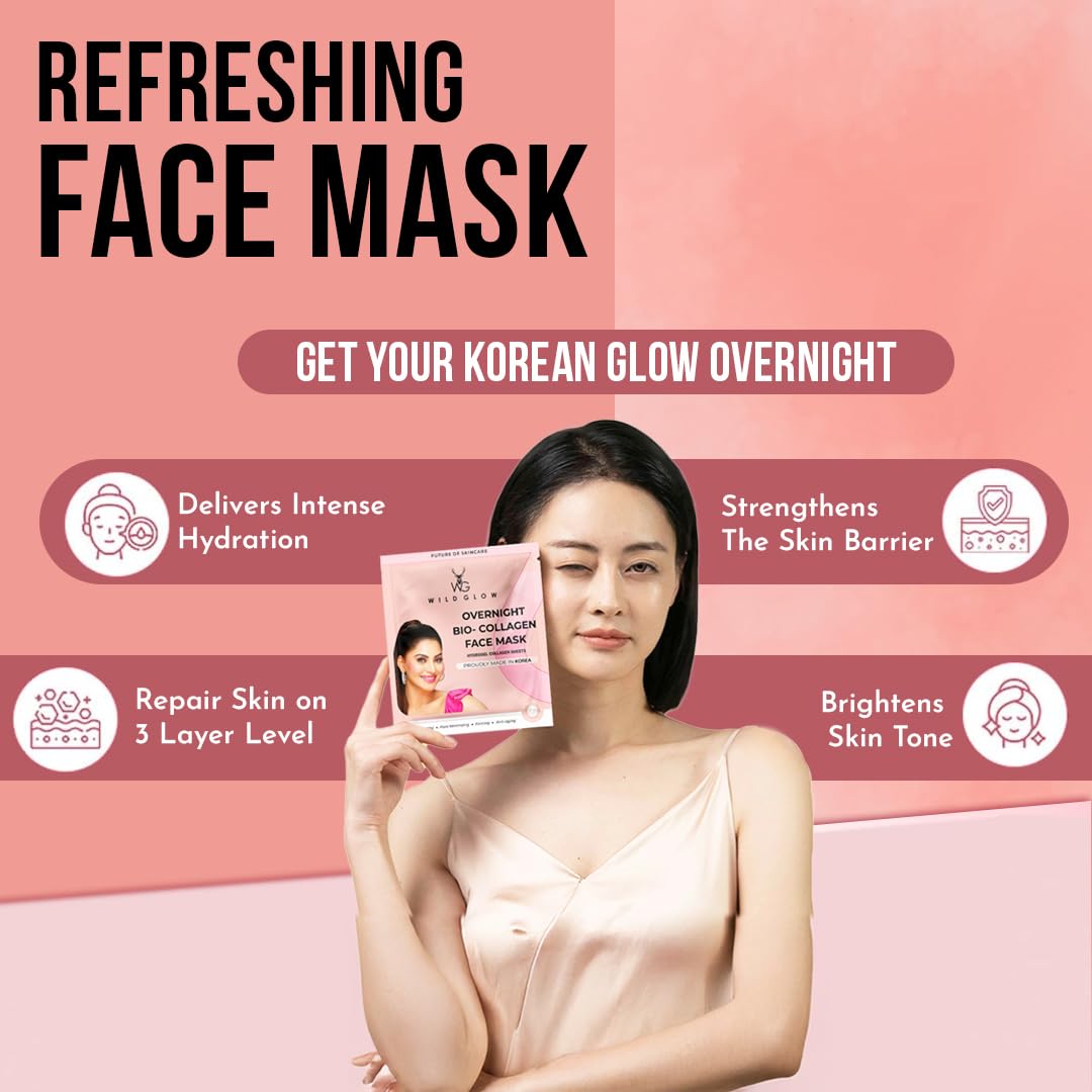 WILDGLOW Korean Glass Skin Bio-Collagen Overnight Face Mask for Deep Hydration, Pigmentation, Anti-Aging & Pore Minimizing | Hyaluronic Acid, Niacinamide, Vitamin E & Centella | Pack of 1