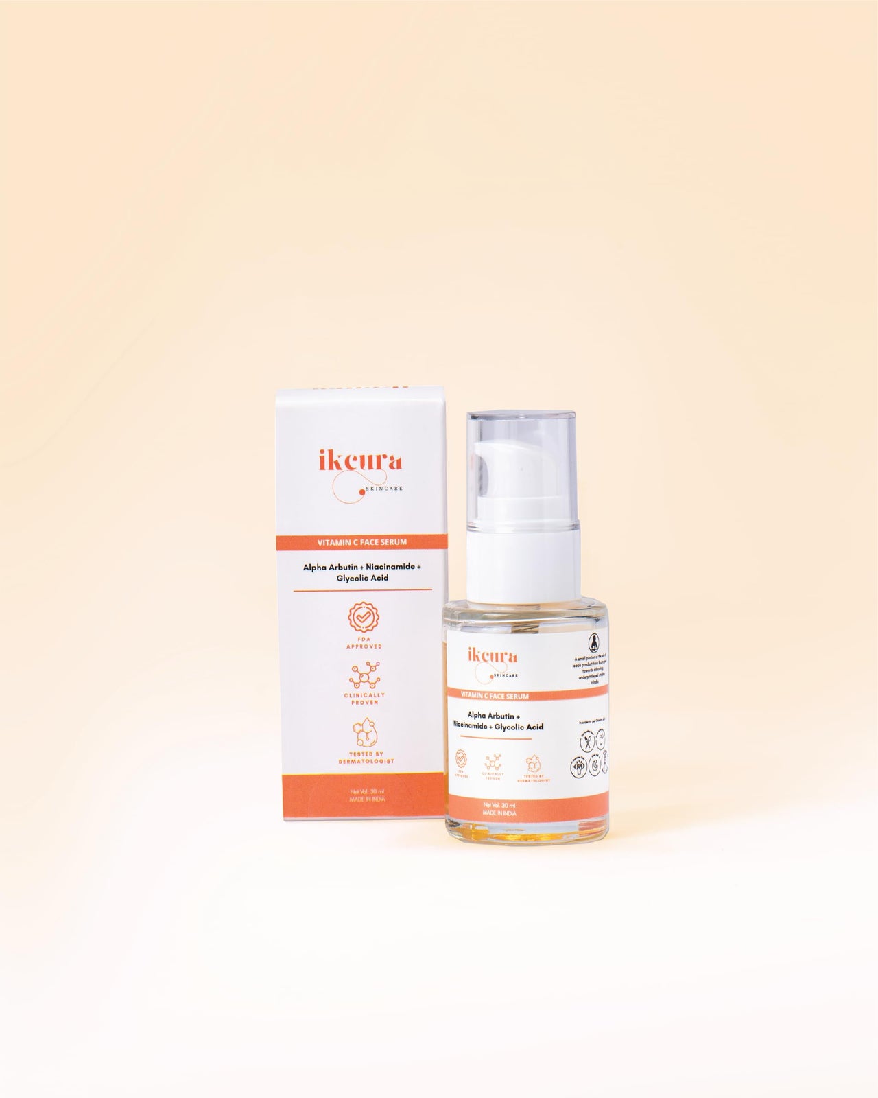 Ikcura Vitamin C Face Serum with Alpha Arbutin, Niacinamide, Glycolic Acid | Brightens Skin, Exfoliates, Suitable for All Skin Types, Hydrates Deeply, Reduce Dull Skin, Dark Spots & Acne, 30ml