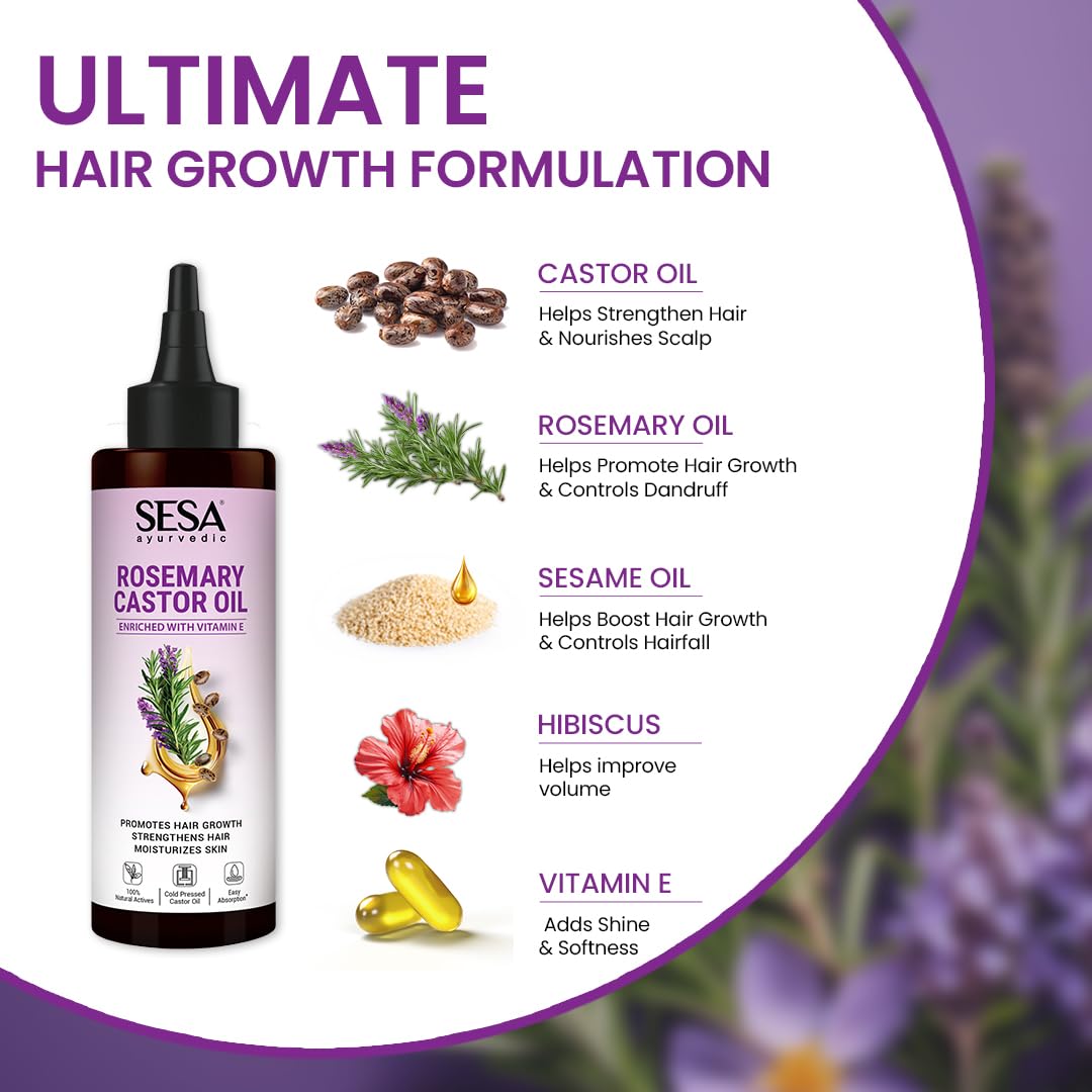 Sesa Ayurvedic Rosemary Hair Oil with Castor Oil & Sesame, Hibiscus For Hair Growth Strengthens Roots Controls Hair Fall and Moisturising Dry Skin - 200ml