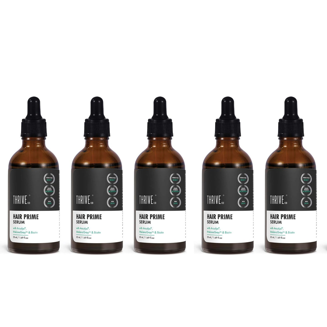 ThriveCo Anti-Grey Hair Prime Serum | Arcolys + Biotin + Black Tea Extract | Light-Weight, Non-Sticky & Odourless | For Men and Women | 50 Ml (Pack of 5)