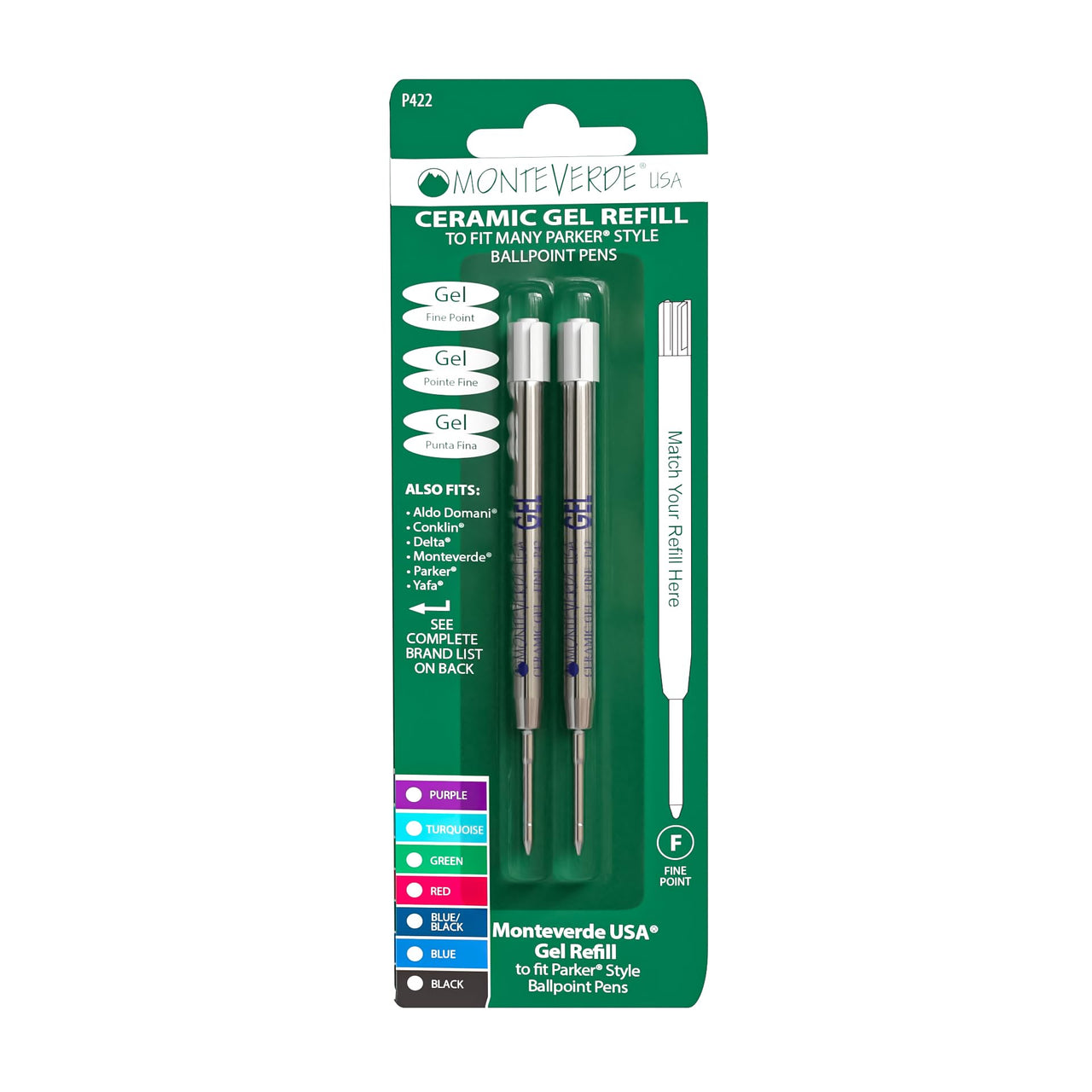 Capless Gel Ballpoint Refill to Fit Parker Ballpoint Pens, Fine Point, Blue Black, 2 per Pack (P422BB) Blue and Black