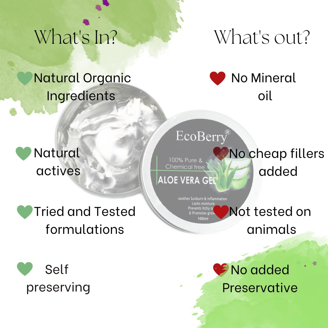 EcoBerry Pure & Chemical Free Aloe Vera Gel, Soothes Skin, Sun burn, Anti-Ageing, Reduces Dandruff, Antioxidant Rich, Anti-inflammatory, Natural & Handmade, Paraben Free, Vegan, 100ml