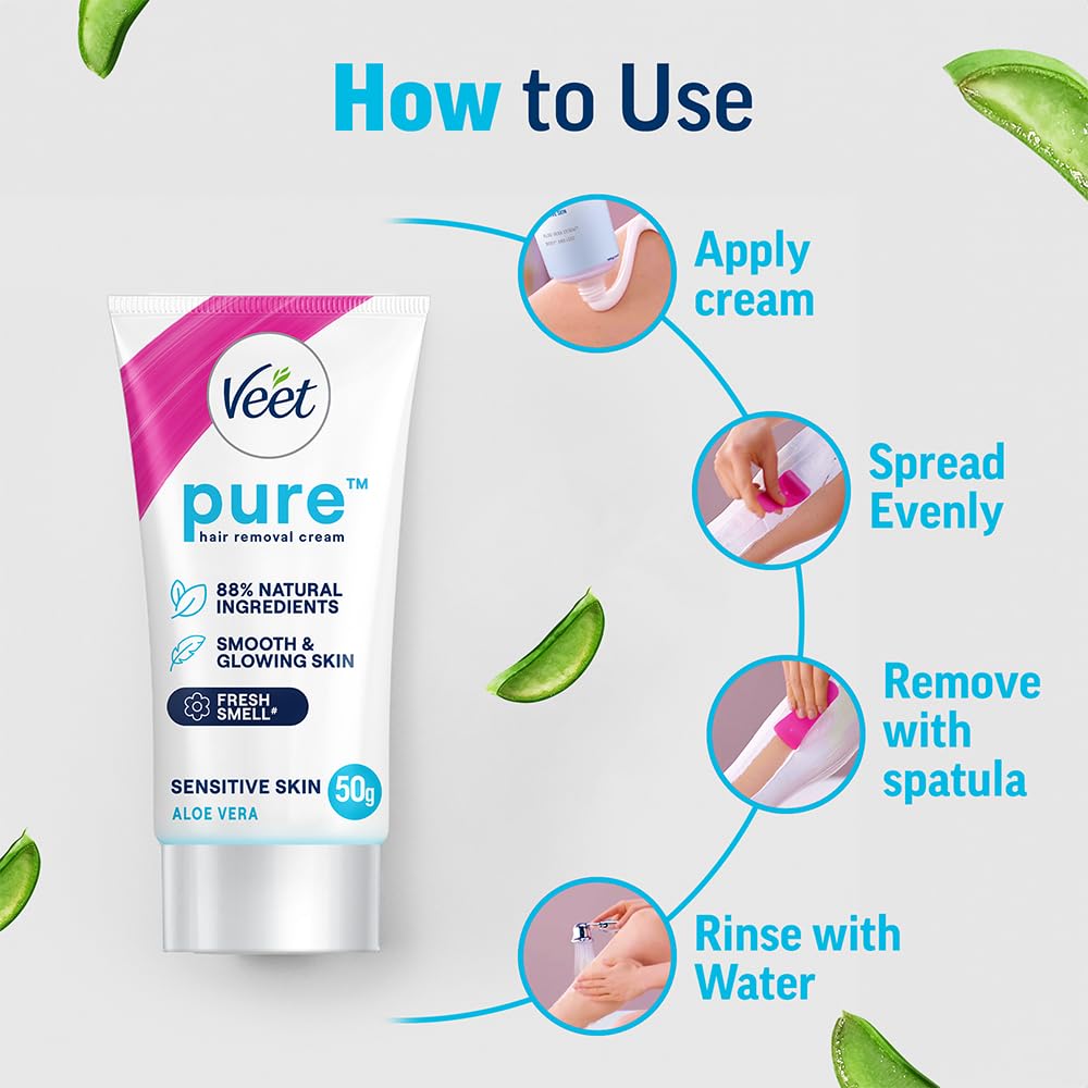 Veet Pure Hair Removal Cream for Women For Sensitive Skin - 50g Pack Of 3 | Suitable for Legs, Underarms, Bikini Line, Arms