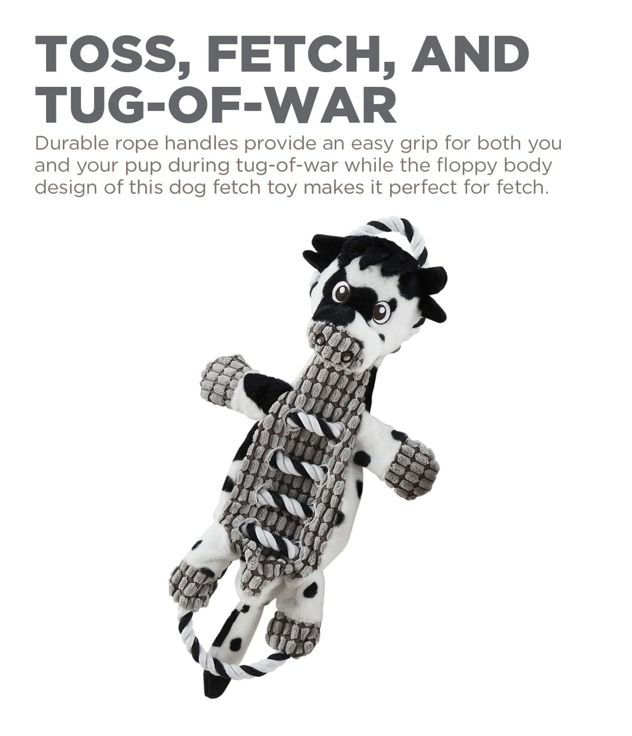 Charming Pet Outward Hound Ropes-A-Go-Go Cow Interactive Plush Squeaky Dog Tug Toy One-Size White and black